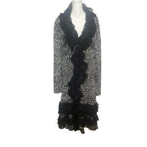 Long Black & Gray Wool & Silk Blend Ruffle Cardigan Sweater